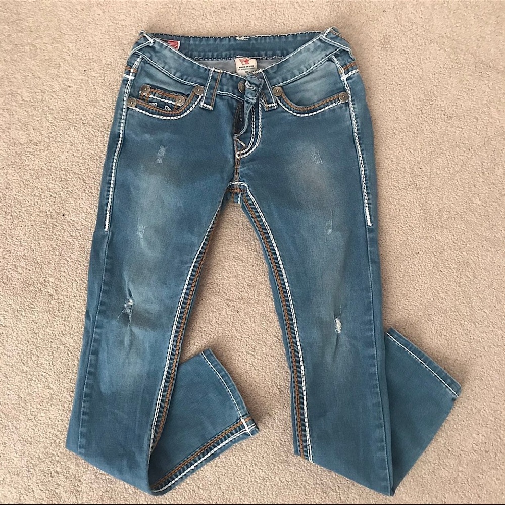 True Religion Joey Jeans 27 Skinny White and Orange Stitching